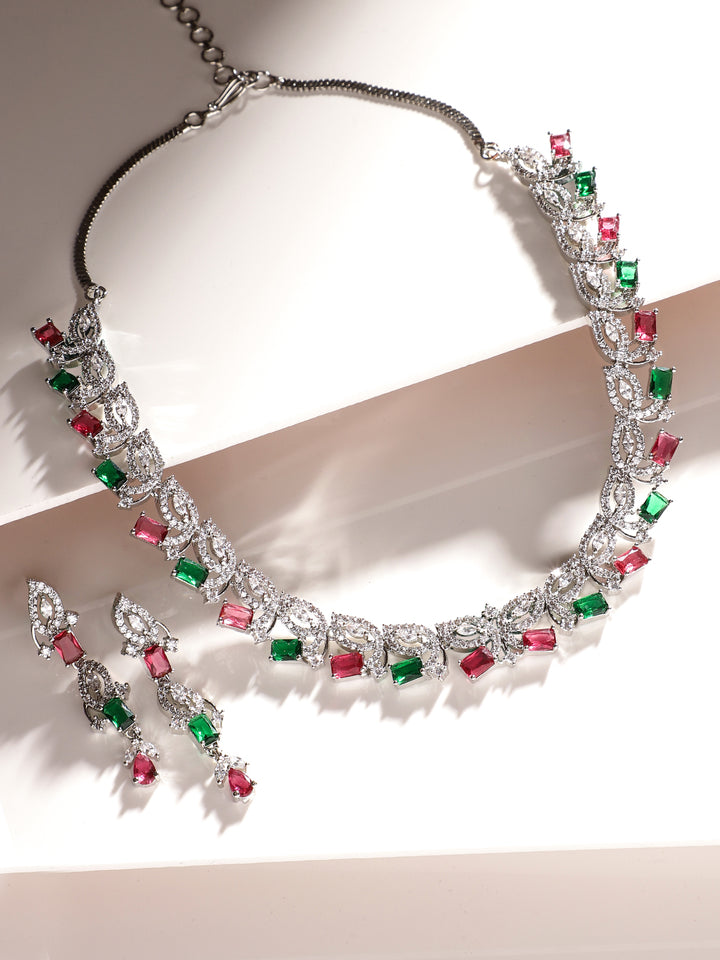 Ruby Green Dual Stoned Silver Plated AD Necklace with Simple Earrings Jewellery Set