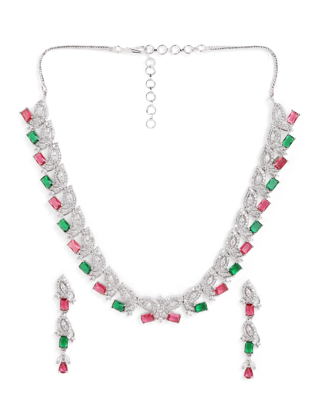 Ruby Green Dual Stoned Silver Plated AD Necklace with Simple Earrings Jewellery Set