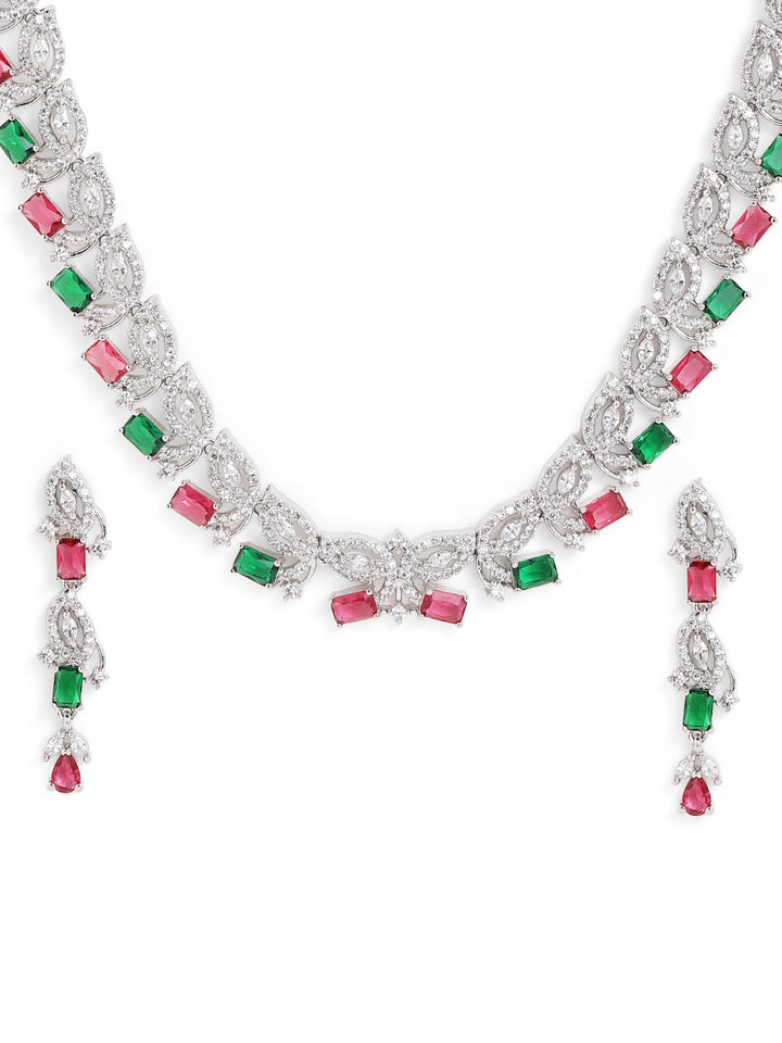 Ruby Green Dual Stoned Silver Plated AD Necklace with Simple Earrings Jewellery Set