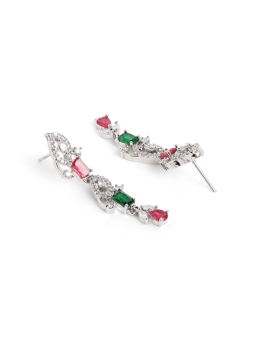 Ruby Green Dual Stoned Silver Plated AD Necklace with Simple Earrings Jewellery Set