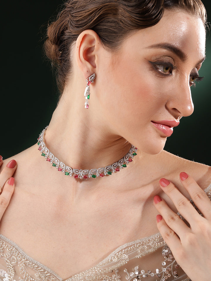 Ruby Green Dual Stoned Silver Plated AD Necklace with Simple Earrings Jewellery Set