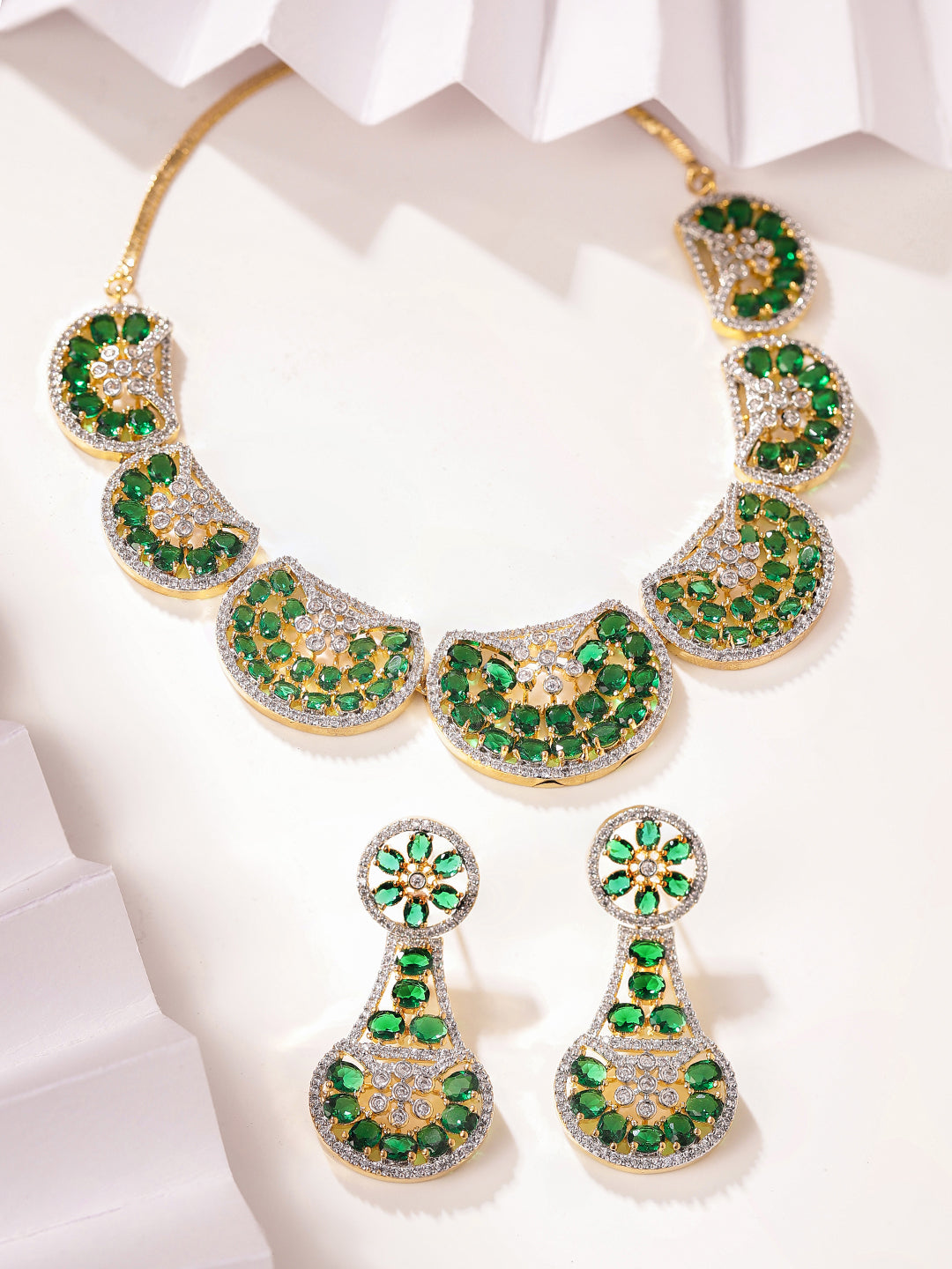 Emerald Stoned Chand Design Gold Plated Necklace Green AD Earrings Jewellery Set