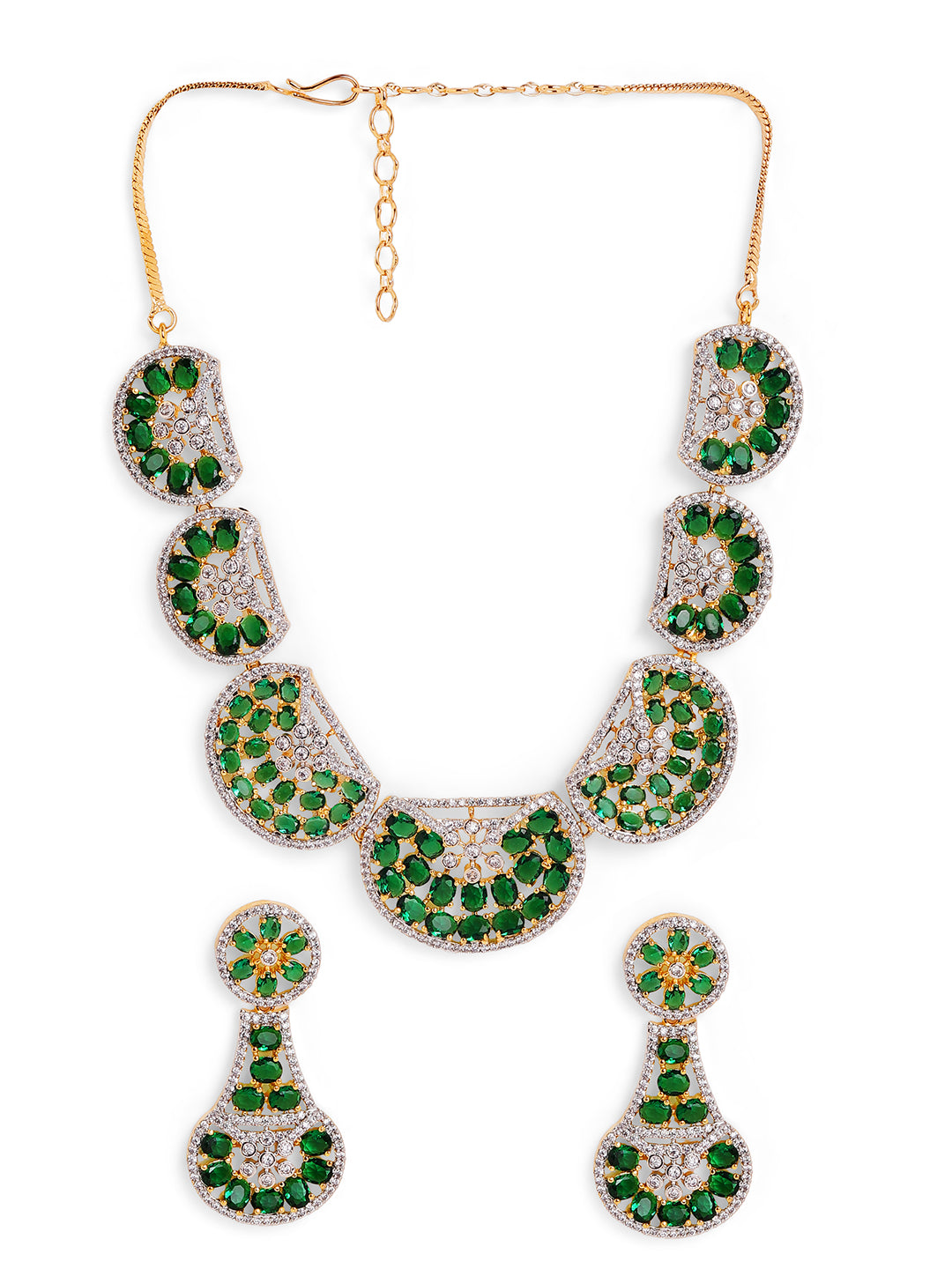 Emerald Stoned Chand Design Gold Plated Necklace Green AD Earrings Jewellery Set