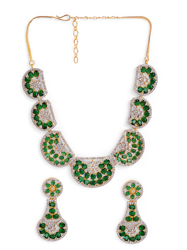 Emerald Stoned Chand Design Gold Plated Necklace Green AD Earrings Jewellery Set