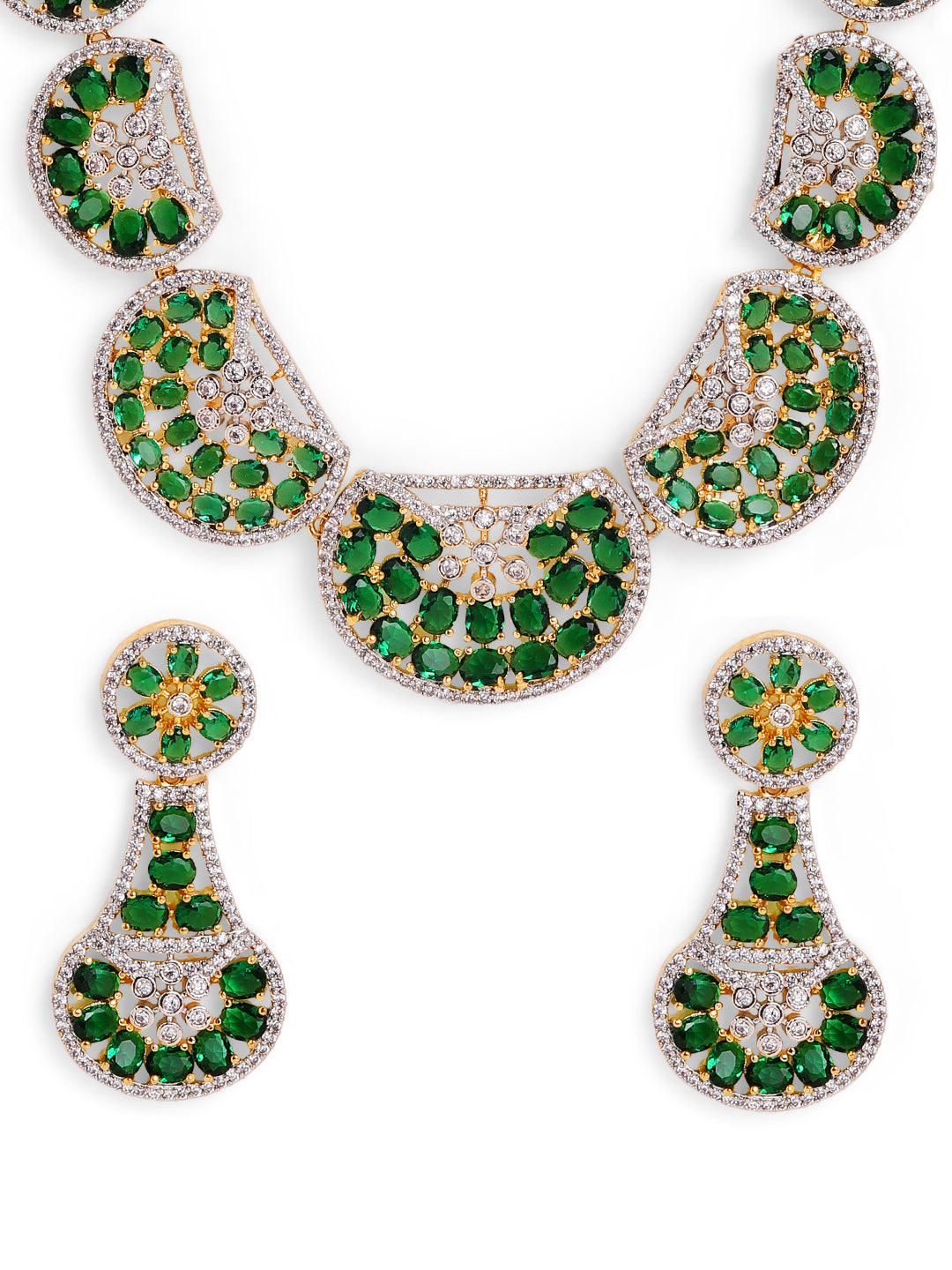 Emerald Stoned Chand Design Gold Plated Necklace Green AD Earrings Jewellery Set