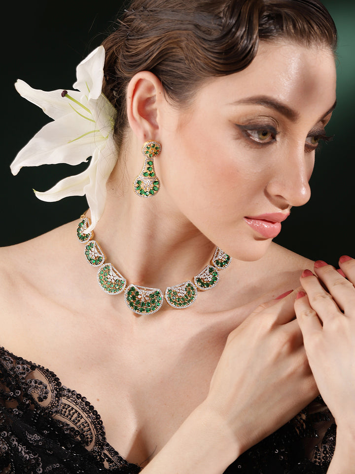 Emerald Stoned Chand Design Gold Plated Necklace Green AD Earrings Jewellery Set