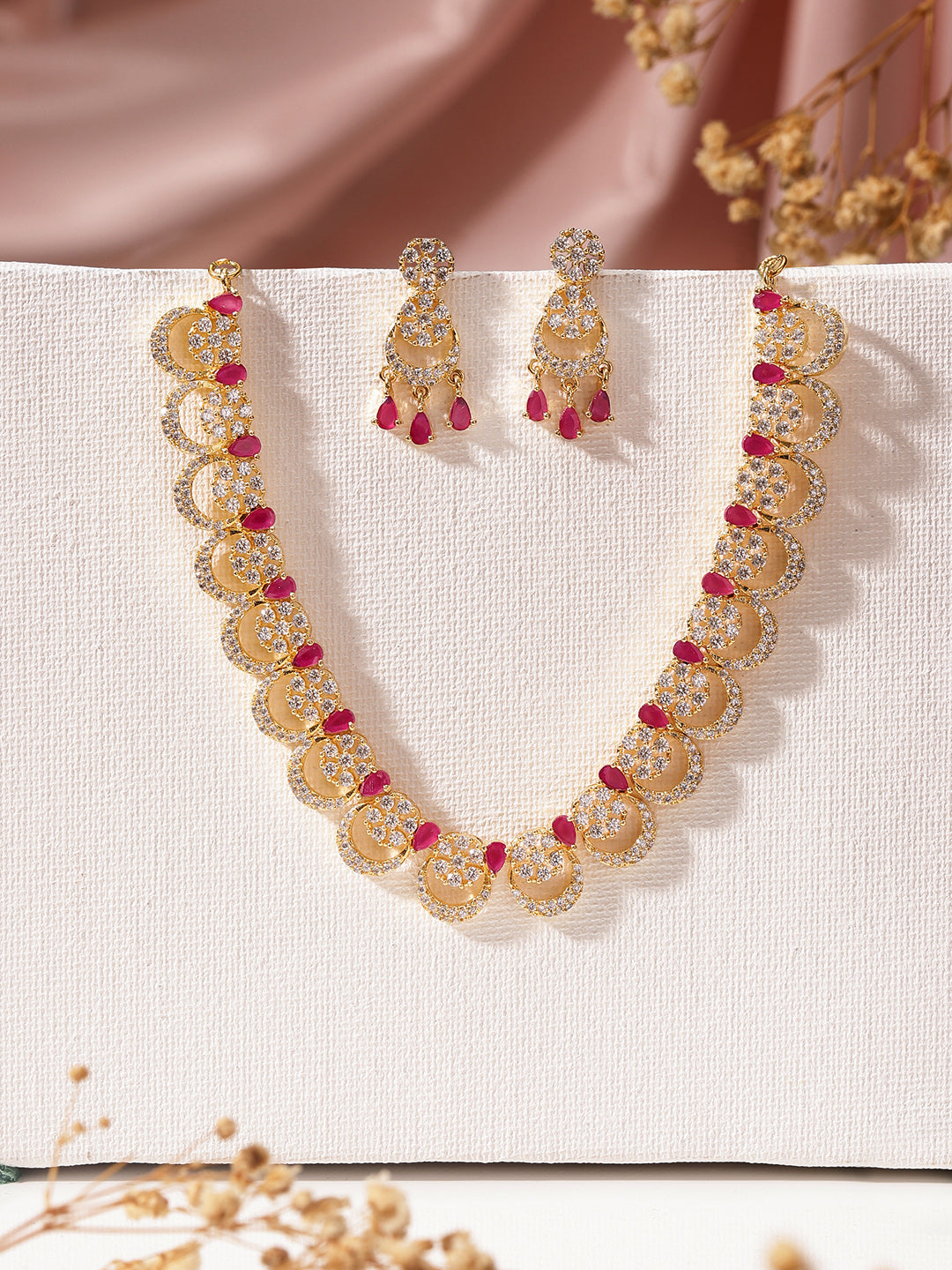 Ruby Mini Chand Pattern Design Gold Plated Necklace AD Earrings Jewellery Set