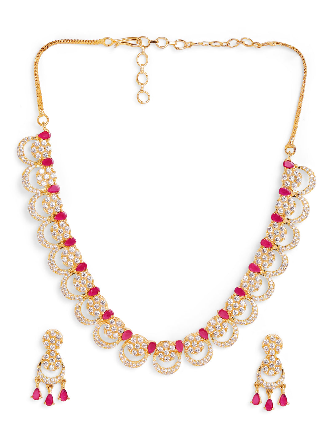 Ruby Mini Chand Pattern Design Gold Plated Necklace AD Earrings Jewellery Set