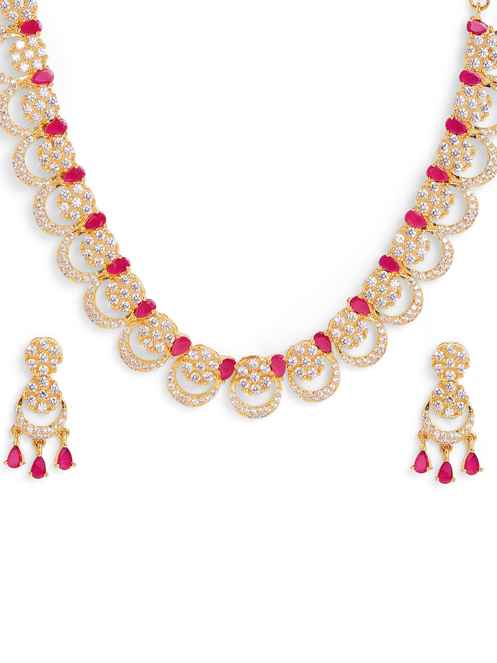 Ruby Mini Chand Pattern Design Gold Plated Necklace AD Earrings Jewellery Set