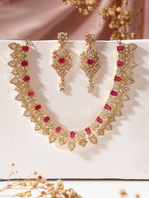 Floral Elegance Ruby Stoned Design Gold Plated Necklace with AD Earrings Jewellery Set