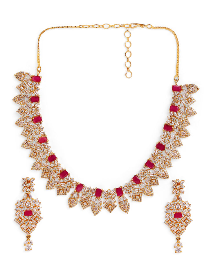 Floral Elegance Ruby Stoned Design Gold Plated Necklace with AD Earrings Jewellery Set