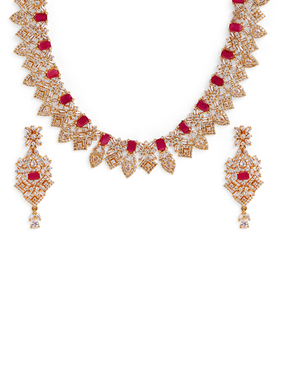 Floral Elegance Ruby Stoned Design Gold Plated Necklace with AD Earrings Jewellery Set