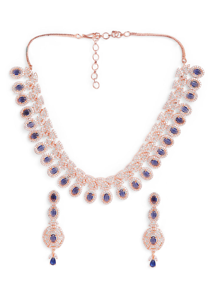 Blue Stoned AD Floral Design Rose Gold Plated Necklace with Earrings Jewellery Set