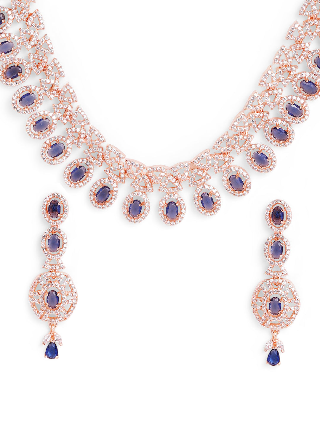 Blue Stoned AD Floral Design Rose Gold Plated Necklace with Earrings Jewellery Set