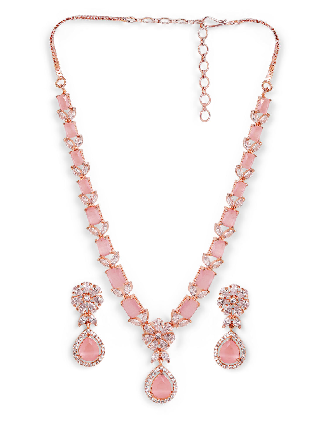 Pink Stoned AD Statement Design Rose gold Necklace with Floral Earrings Jewellery Set