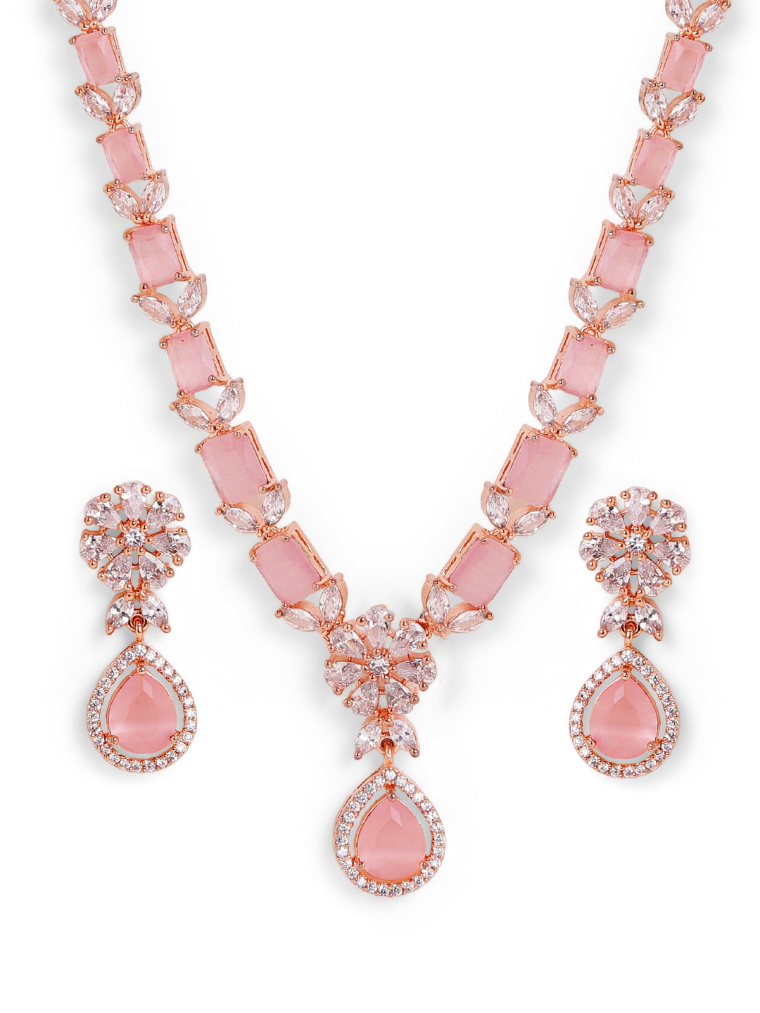 Pink Stoned AD Statement Design Rose gold Necklace with Floral Earrings Jewellery Set