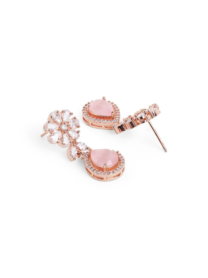 Pink Stoned AD Statement Design Rose gold Necklace with Floral Earrings Jewellery Set