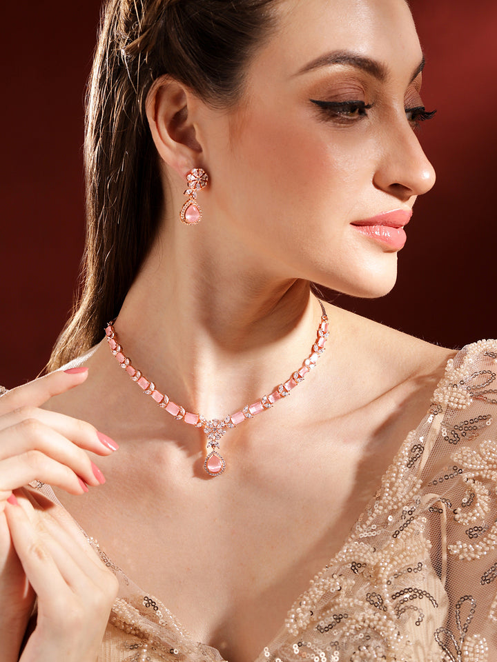 Pink Stoned AD Statement Design Rose gold Necklace with Floral Earrings Jewellery Set