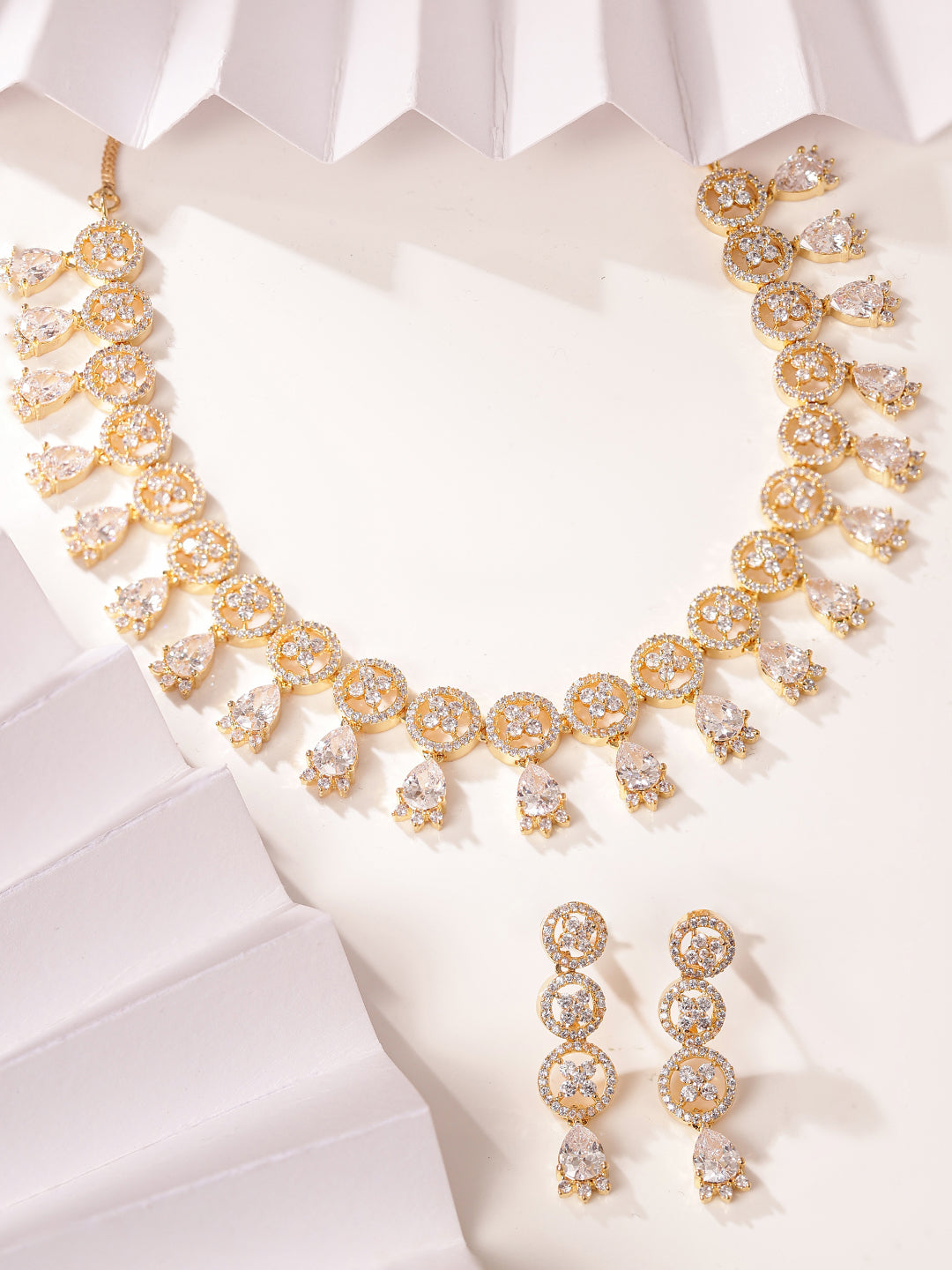 White Stoned Floral Elegance Gold Plated Necklace with AD Earrings Jewellery Set