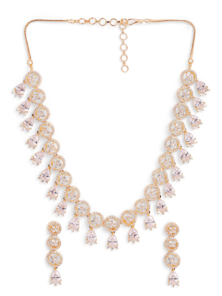 White Stoned Floral Elegance Gold Plated Necklace with AD Earrings Jewellery Set