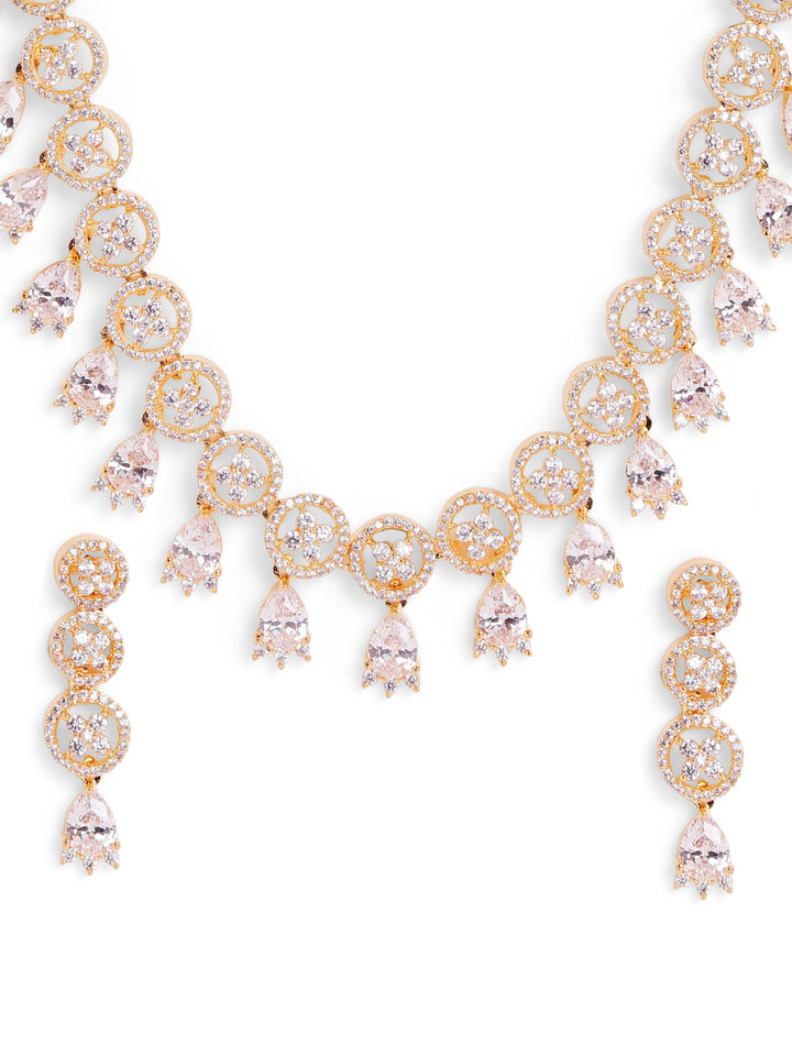 White Stoned Floral Elegance Gold Plated Necklace with AD Earrings Jewellery Set