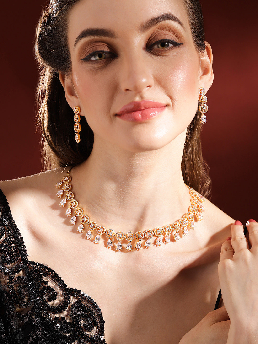 White Stoned Floral Elegance Gold Plated Necklace with AD Earrings Jewellery Set