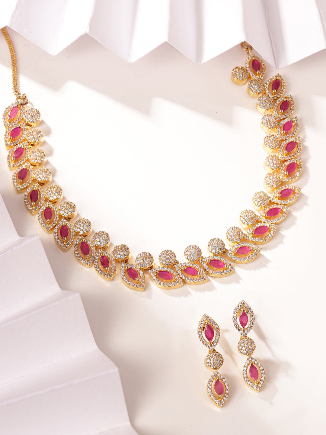 Leaf Design Red Stoned Gold Plated Necklace with AD Earrings Jewelery Set