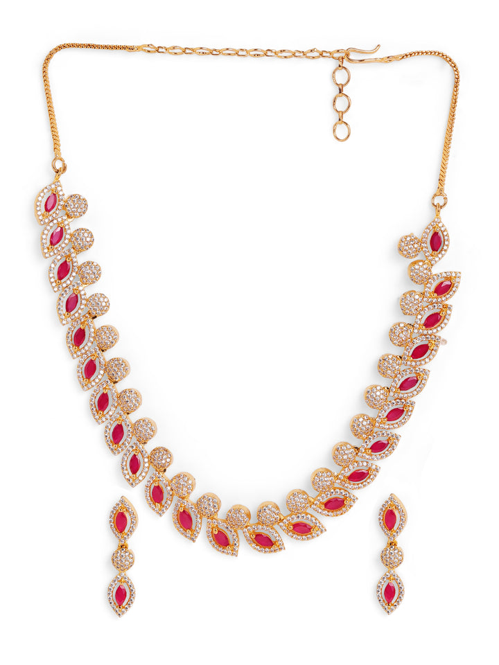 Leaf Design Red Stoned Gold Plated Necklace with AD Earrings Jewelery Set