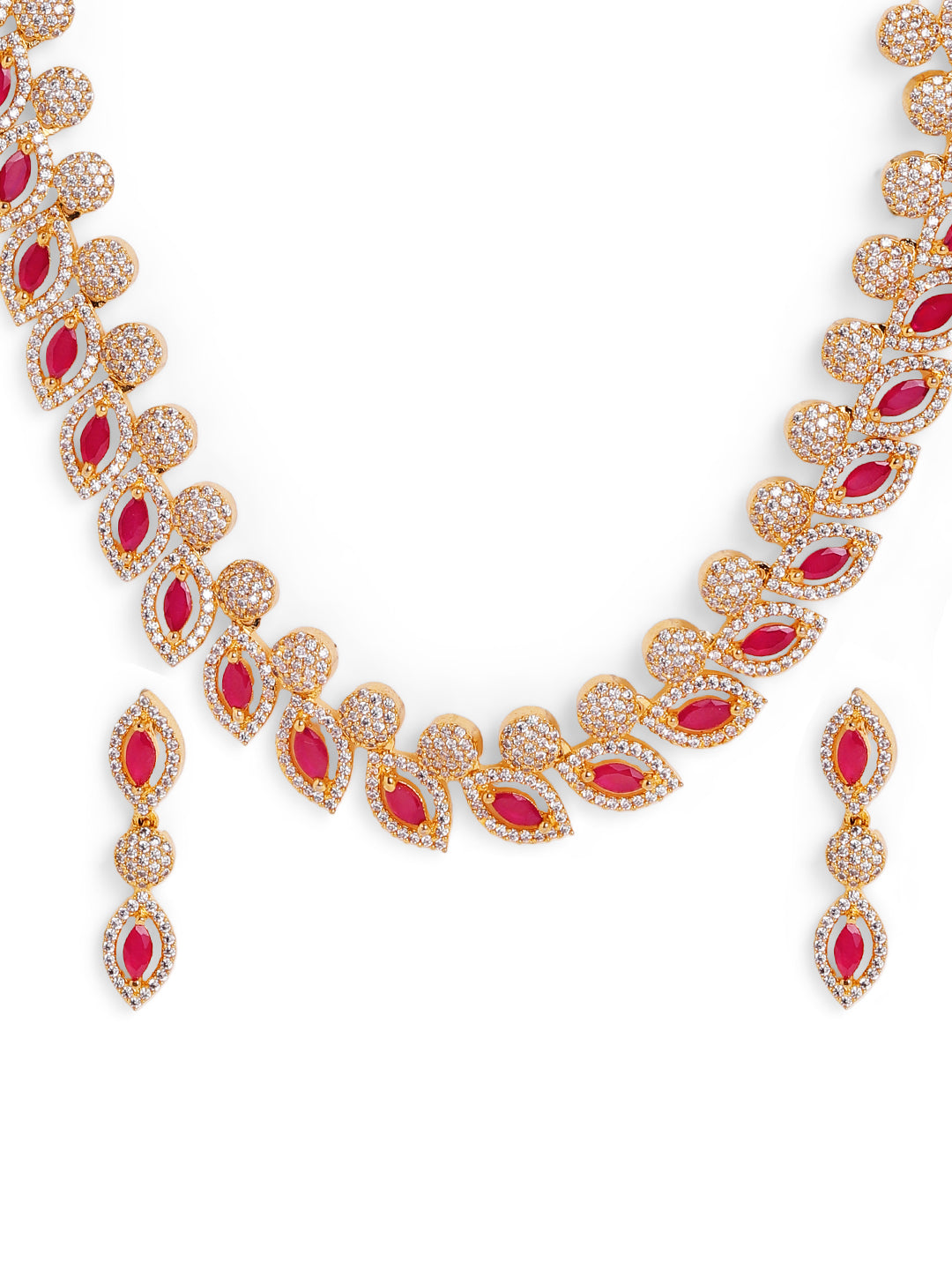 Leaf Design Red Stoned Gold Plated Necklace with AD Earrings Jewelery Set