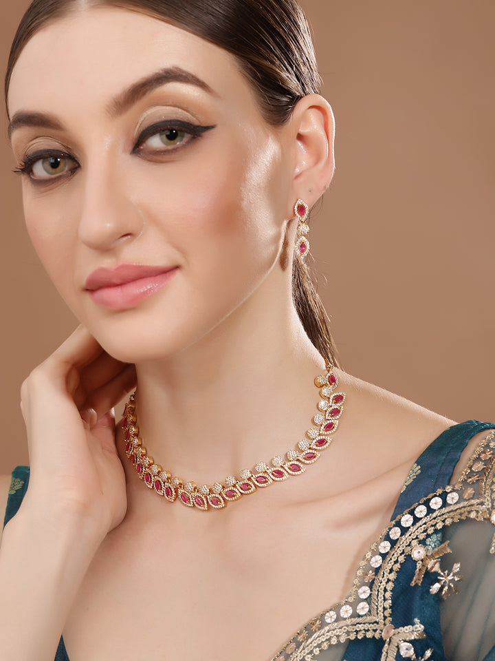 Leaf Design Red Stoned Gold Plated Necklace with AD Earrings Jewelery Set