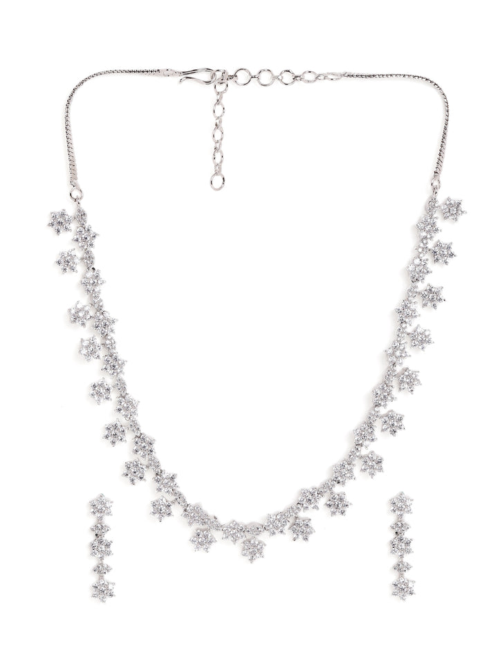 Mini Floral Design White Stoned Silver Plated Necklace with AD Earrings Jewellery Set