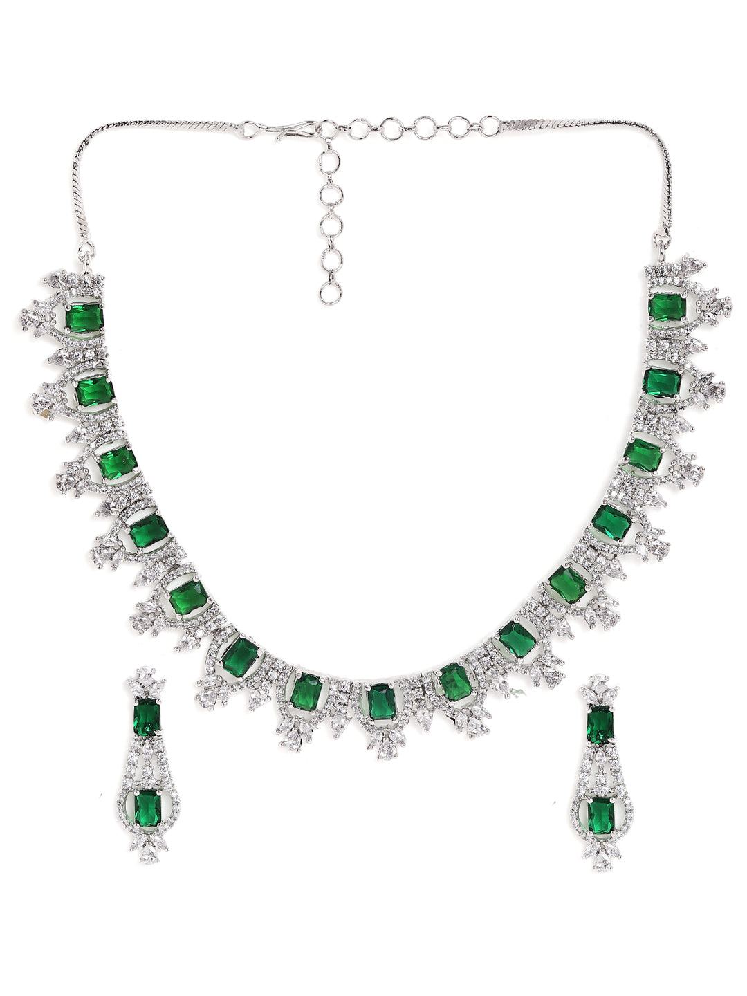 Green Stoned AD Statement Pattern Silver Plated Necklace with AD Earrings Jewellery Set