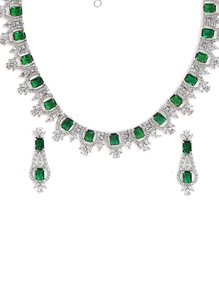 Green Stoned AD Statement Pattern Silver Plated Necklace with AD Earrings Jewellery Set