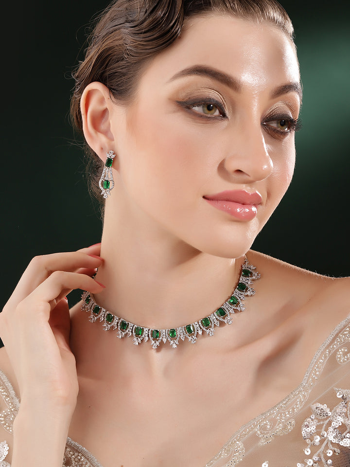 Green Stoned AD Statement Pattern Silver Plated Necklace with AD Earrings Jewellery Set