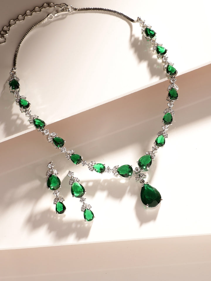 Emerald Drop Pattern AD Elegant Silver Plated Necklace with AD Earrings Jewellery Set