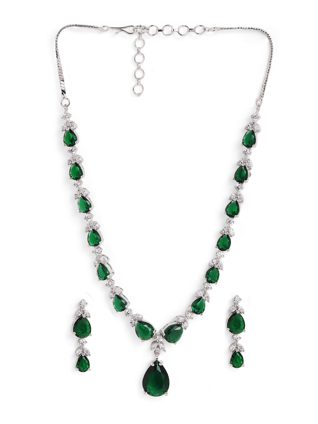 Emerald Drop Pattern AD Elegant Silver Plated Necklace with AD Earrings Jewellery Set