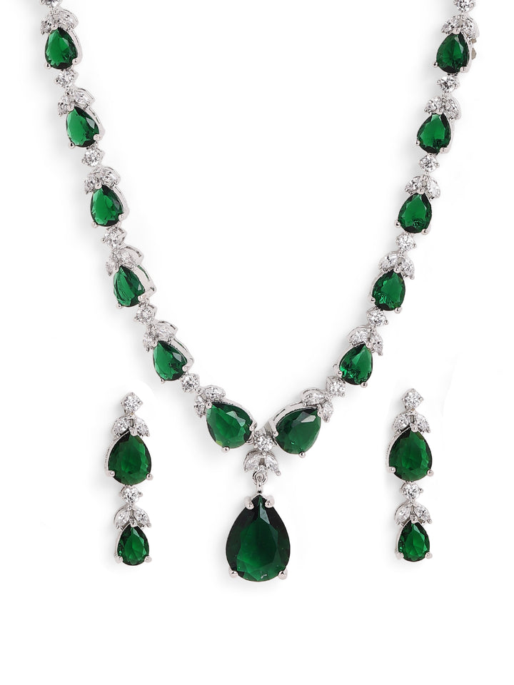 Emerald Drop Pattern AD Elegant Silver Plated Necklace with AD Earrings Jewellery Set