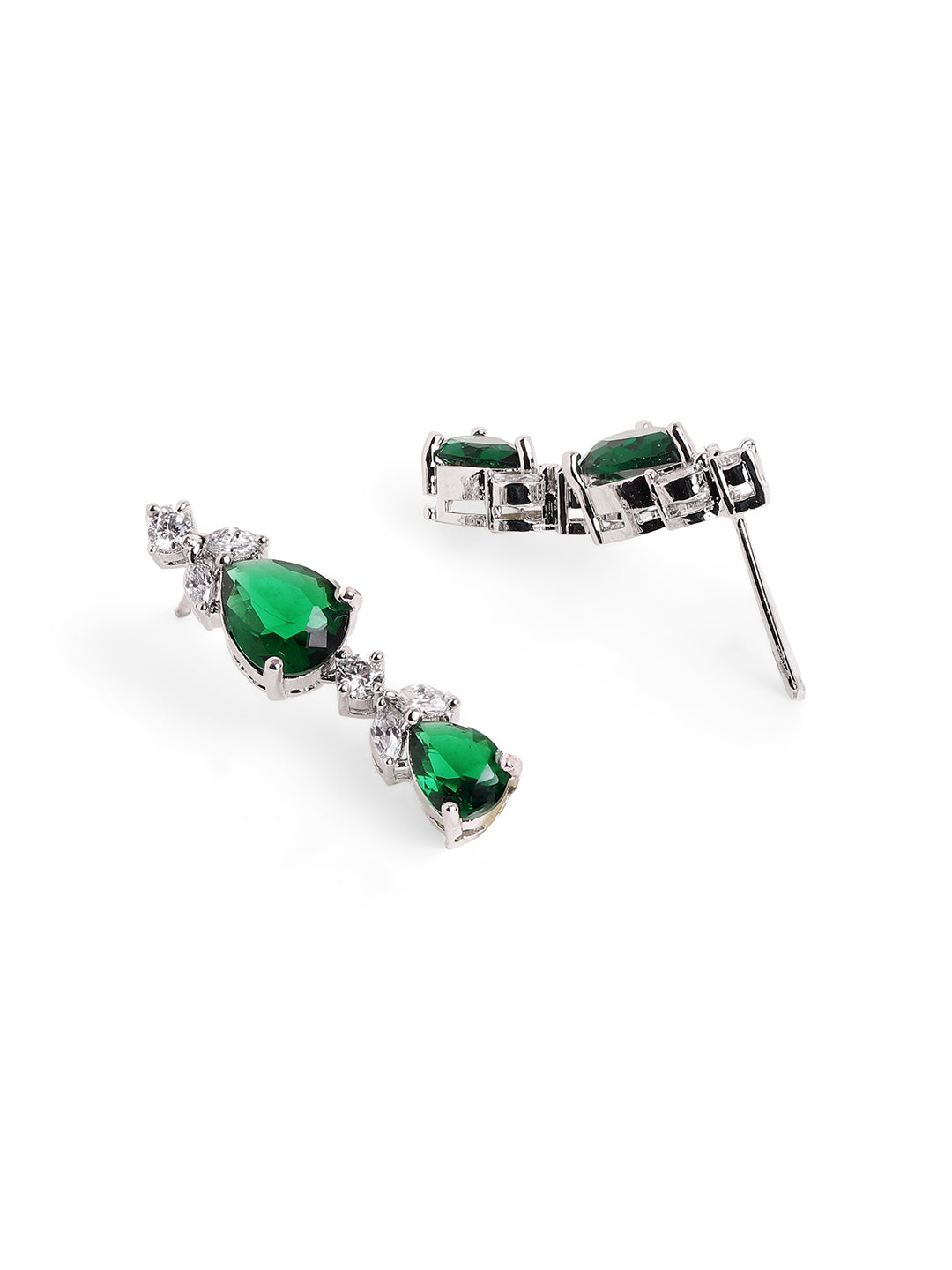 Emerald Drop Pattern AD Elegant Silver Plated Necklace with AD Earrings Jewellery Set