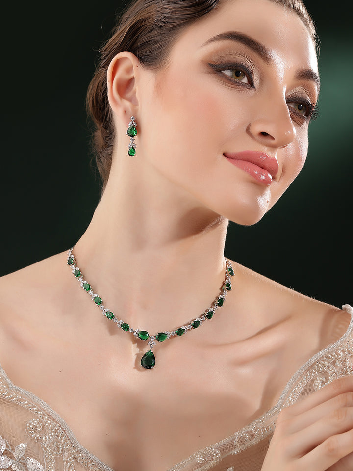 Emerald Drop Pattern AD Elegant Silver Plated Necklace with AD Earrings Jewellery Set