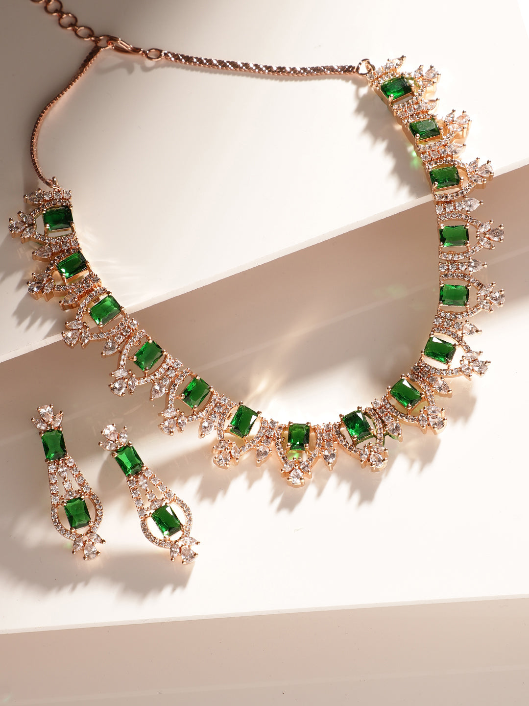 Emerald Elegance Rosegold Floral Design Necklace with Exquisite AD Earrings Jewellery Set