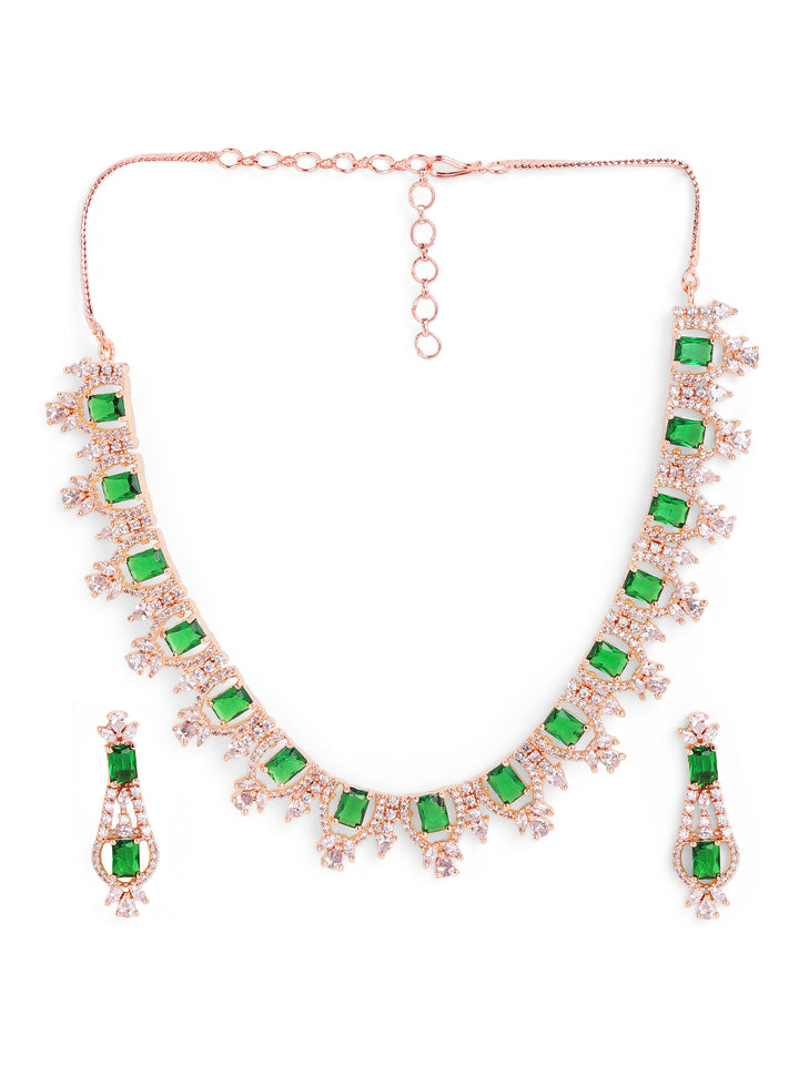 Emerald Elegance Rosegold Floral Design Necklace with Exquisite AD Earrings Jewellery Set