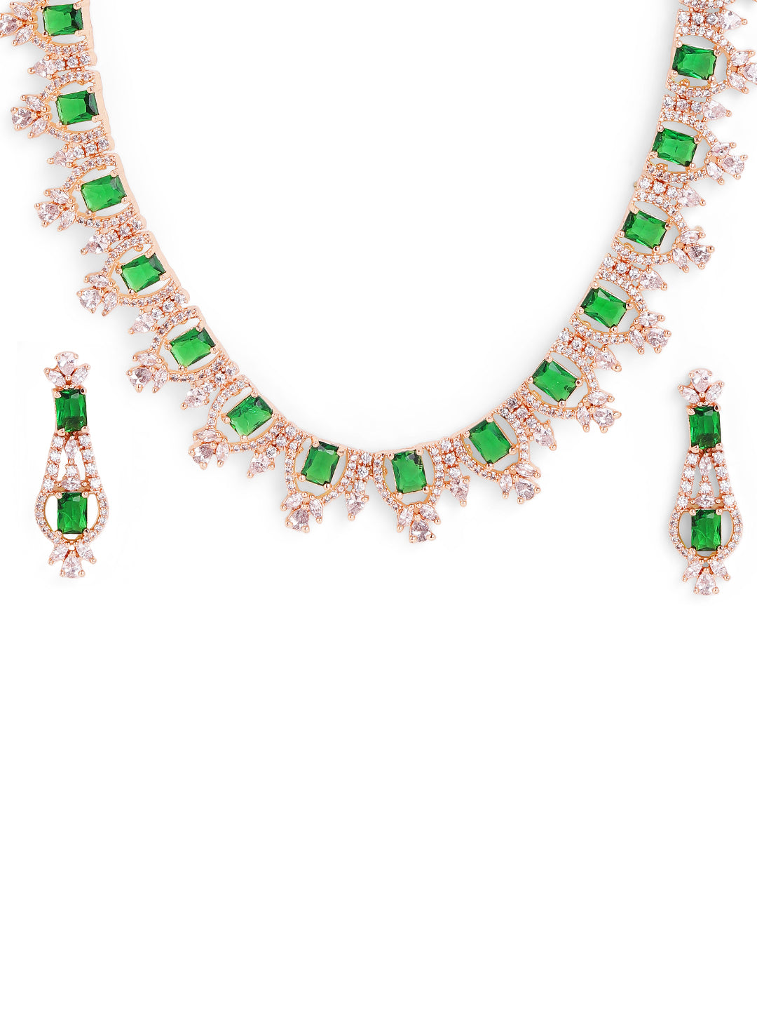 Emerald Elegance Rosegold Floral Design Necklace with Exquisite AD Earrings Jewellery Set