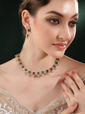 Emerald Elegance Rosegold Floral Design Necklace with Exquisite AD Earrings Jewellery Set