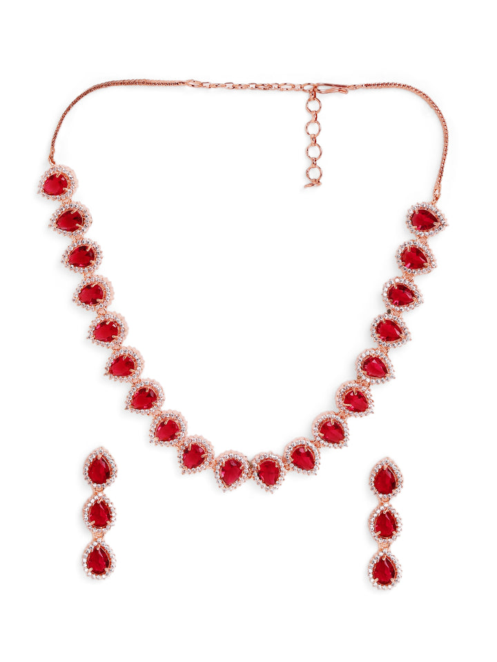 Red Drop AD Pattern Rosegold Plating Necklace with Fancy AD Earrrings Jewellery Set