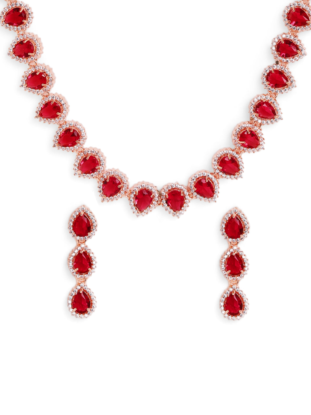 Red Drop AD Pattern Rosegold Plating Necklace with Fancy AD Earrrings Jewellery Set