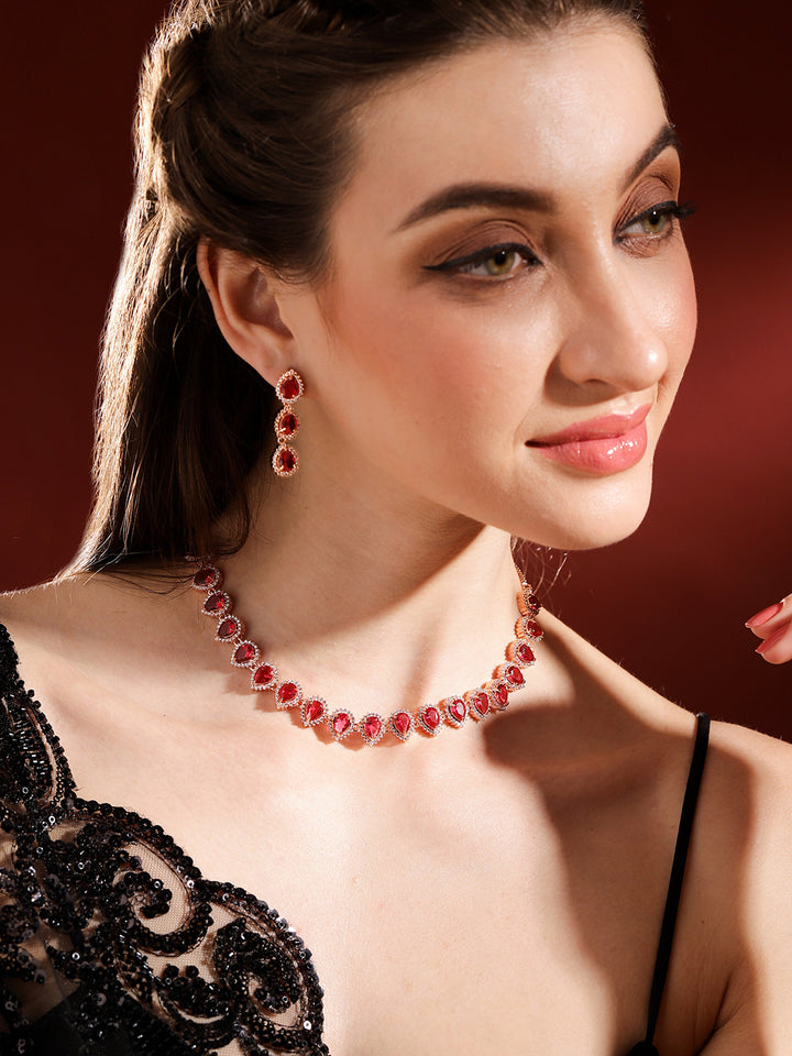 Red Drop AD Pattern Rosegold Plating Necklace with Fancy AD Earrrings Jewellery Set