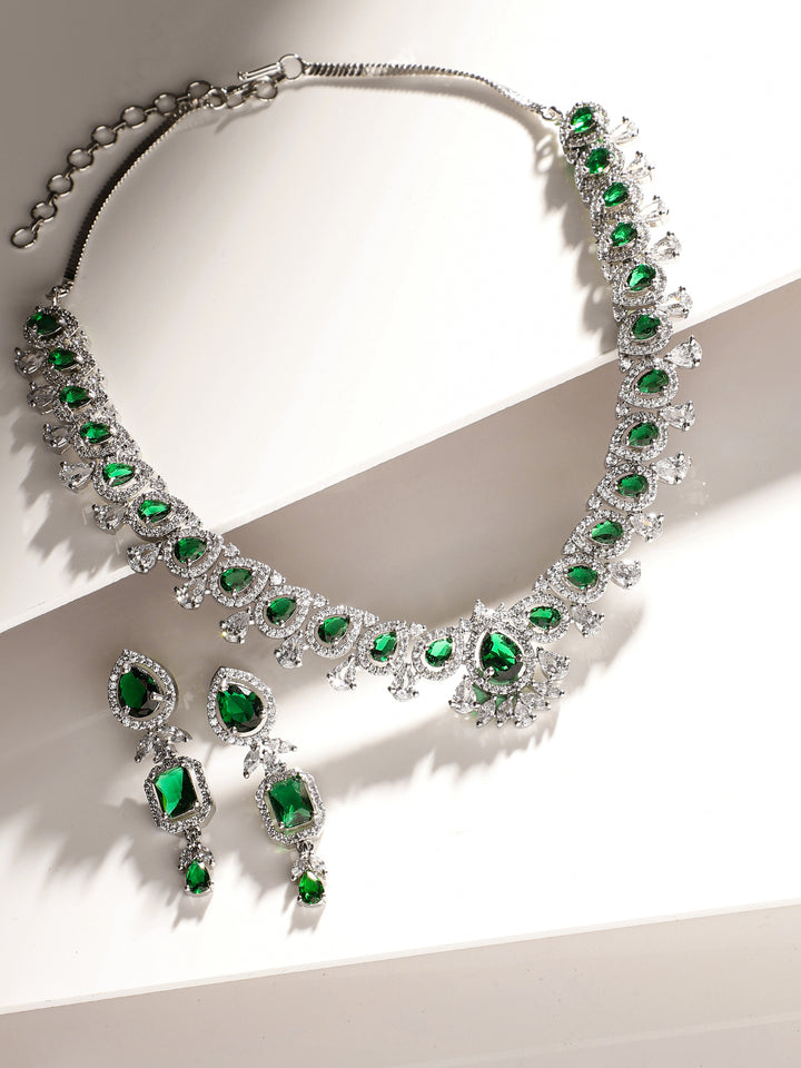 Emerald Elegance in Silver Plating Floral Necklace with AD Elegant Earrings Jewellery Set