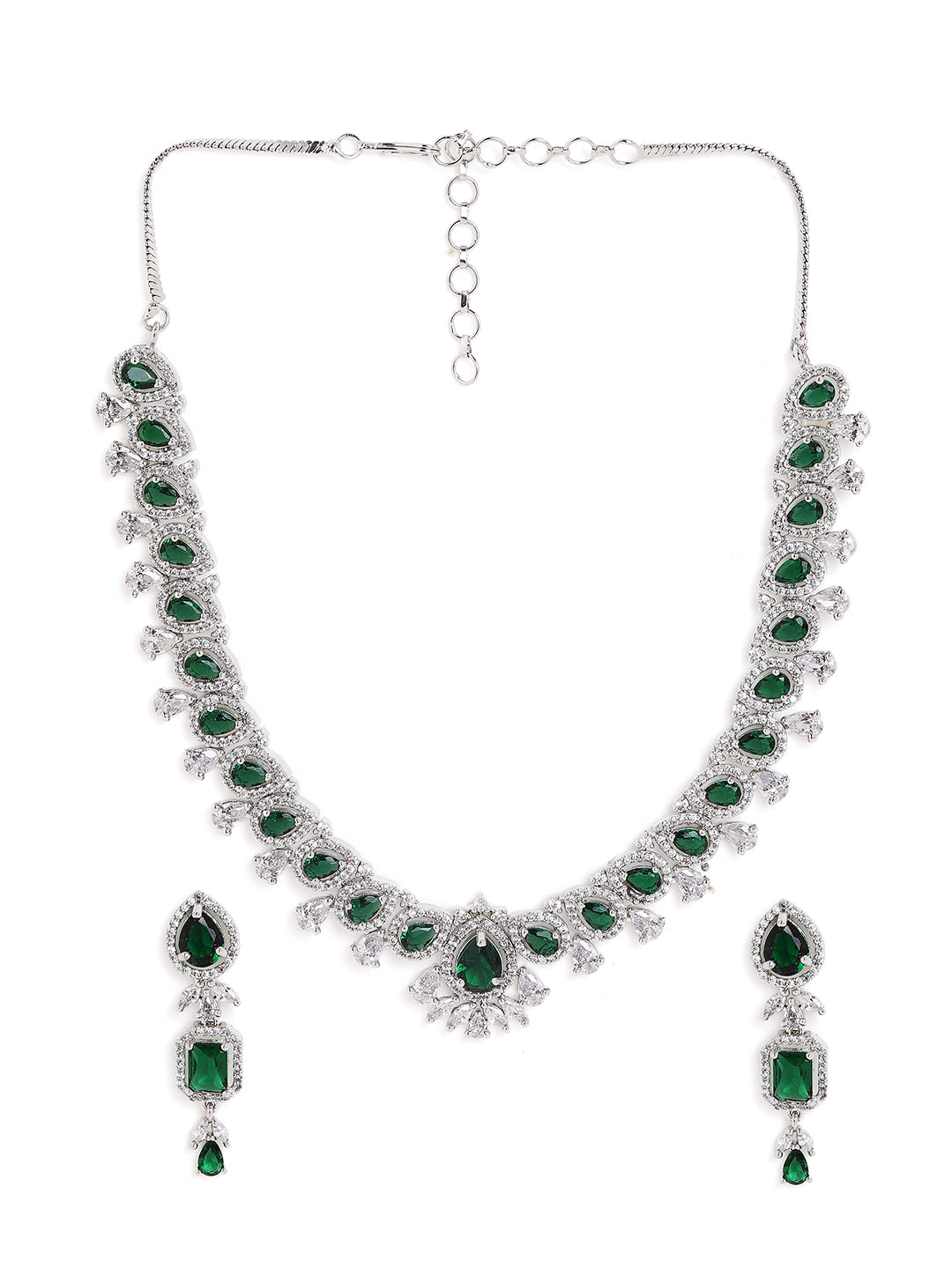 Emerald Elegance in Silver Plating Floral Necklace with AD Elegant Earrings Jewellery Set