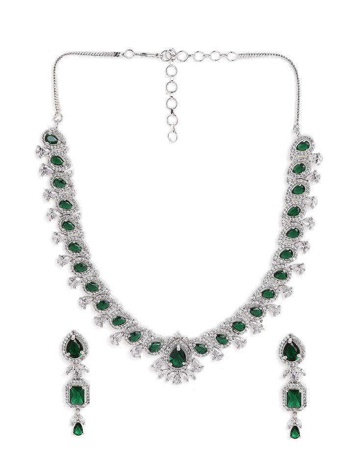 Emerald Elegance in Silver Plating Floral Necklace with AD Elegant Earrings Jewellery Set