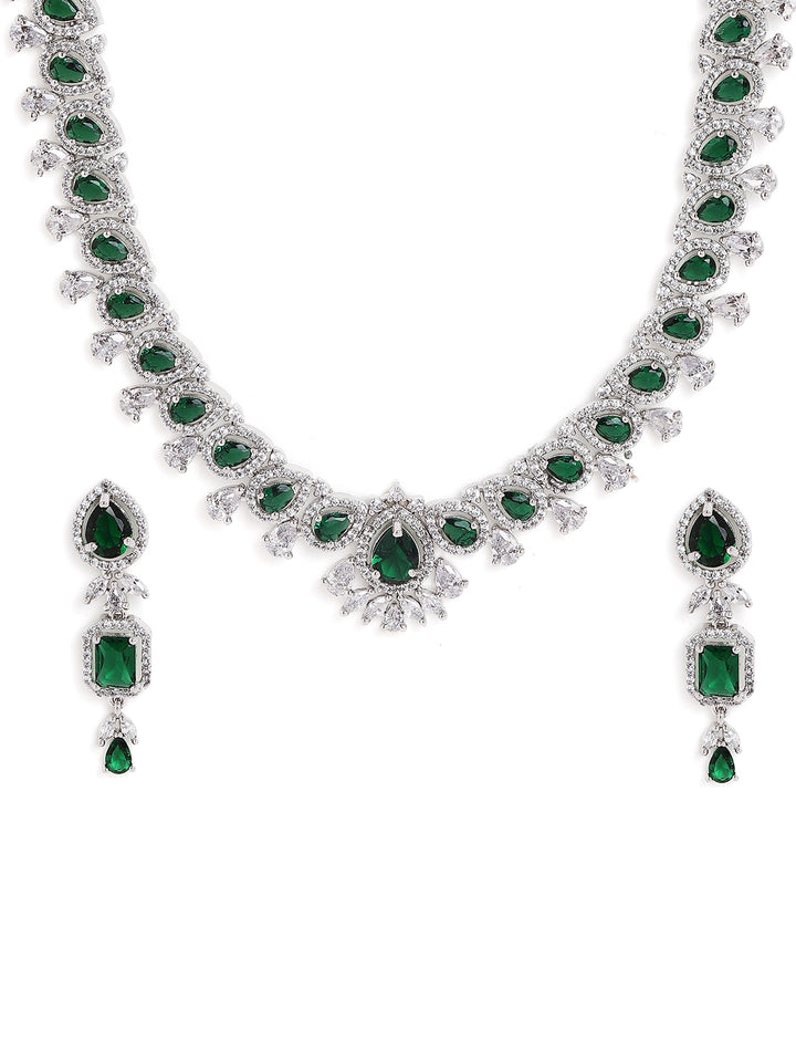 Emerald Elegance in Silver Plating Floral Necklace with AD Elegant Earrings Jewellery Set